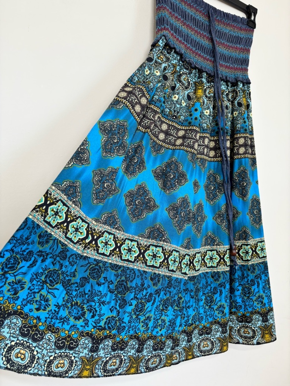 NEW Y2K boho cottage ethnic print smoked high rise pleated A-line Midi Skirt XS - Picture 4 of 16
